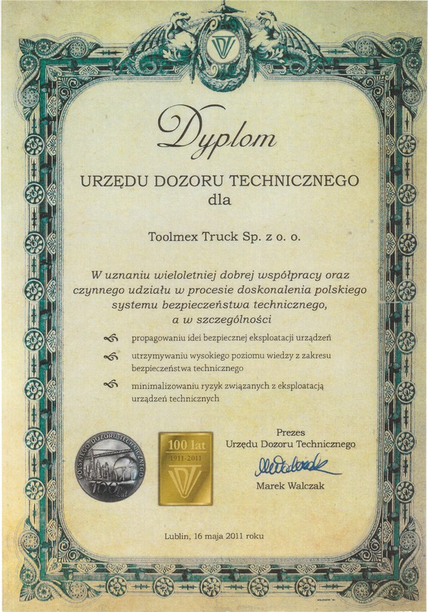 dyplom UDT dla Toolmex Truck